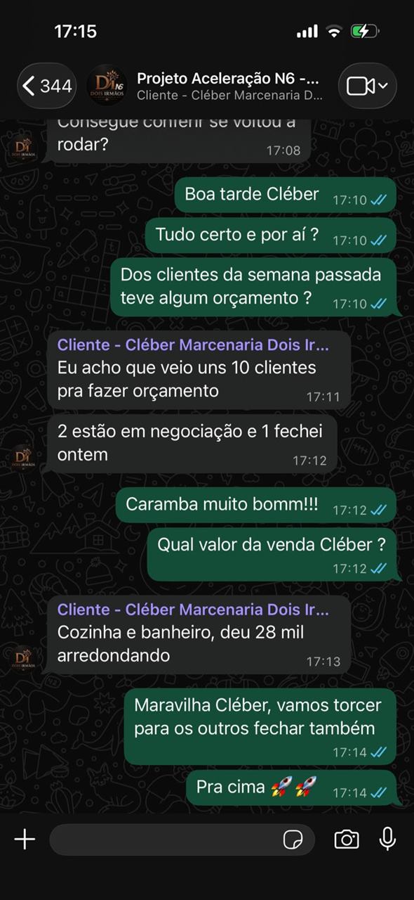 Print de conversa de WhatsApp com Cléber, da Marcenaria Dois Irmãos, relatando venda de R$28 mil